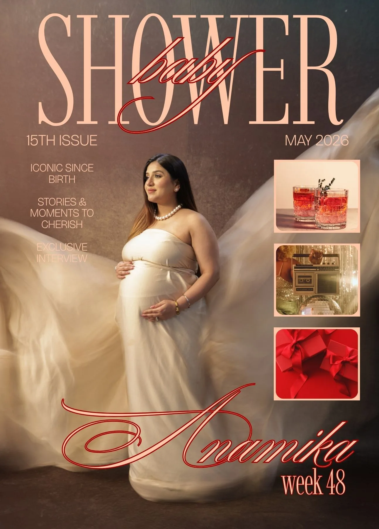 Expecting mother sitting gracefully in a cream gown