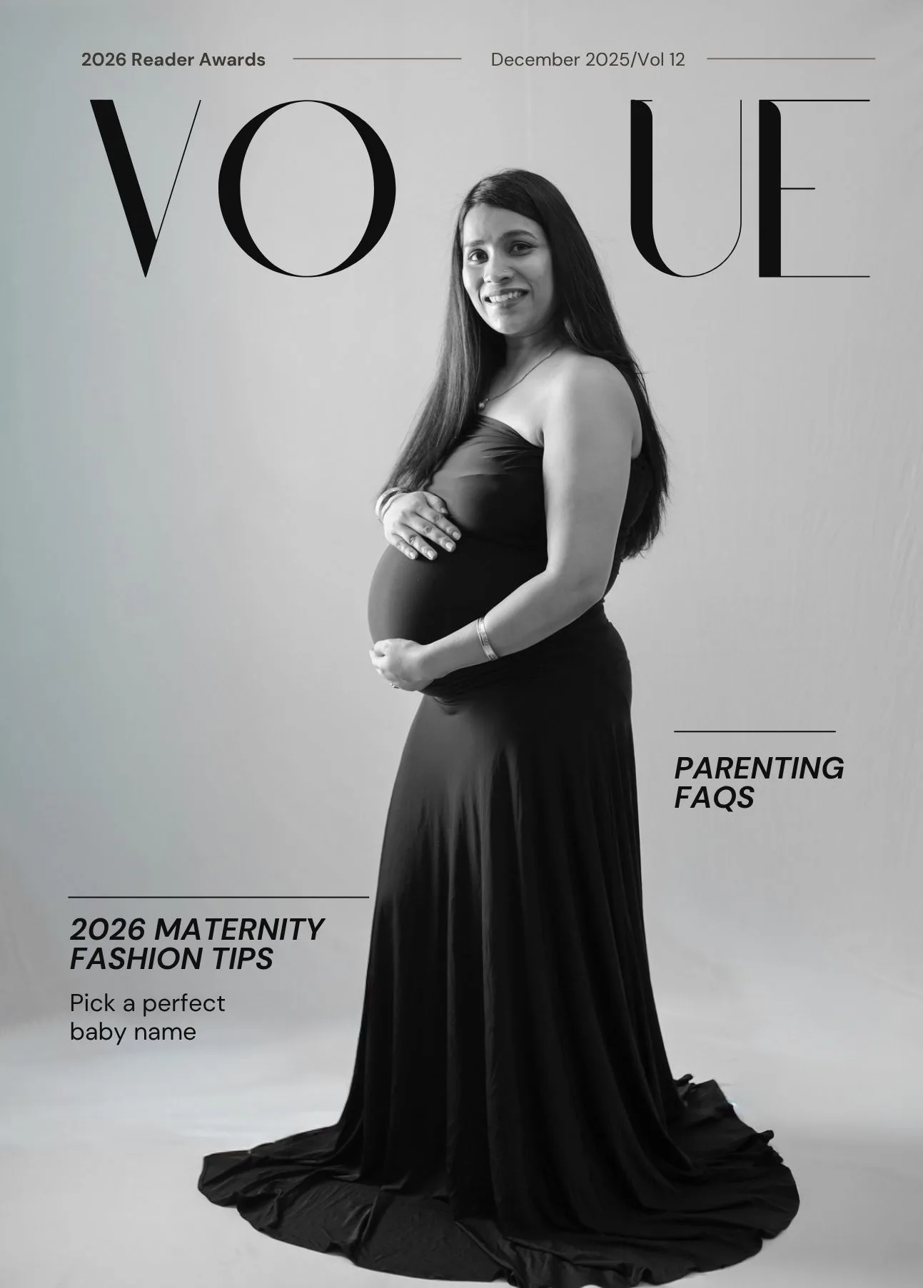 Black and white maternity portrait of expecting mother in a black dress, stylized as a magazine cover