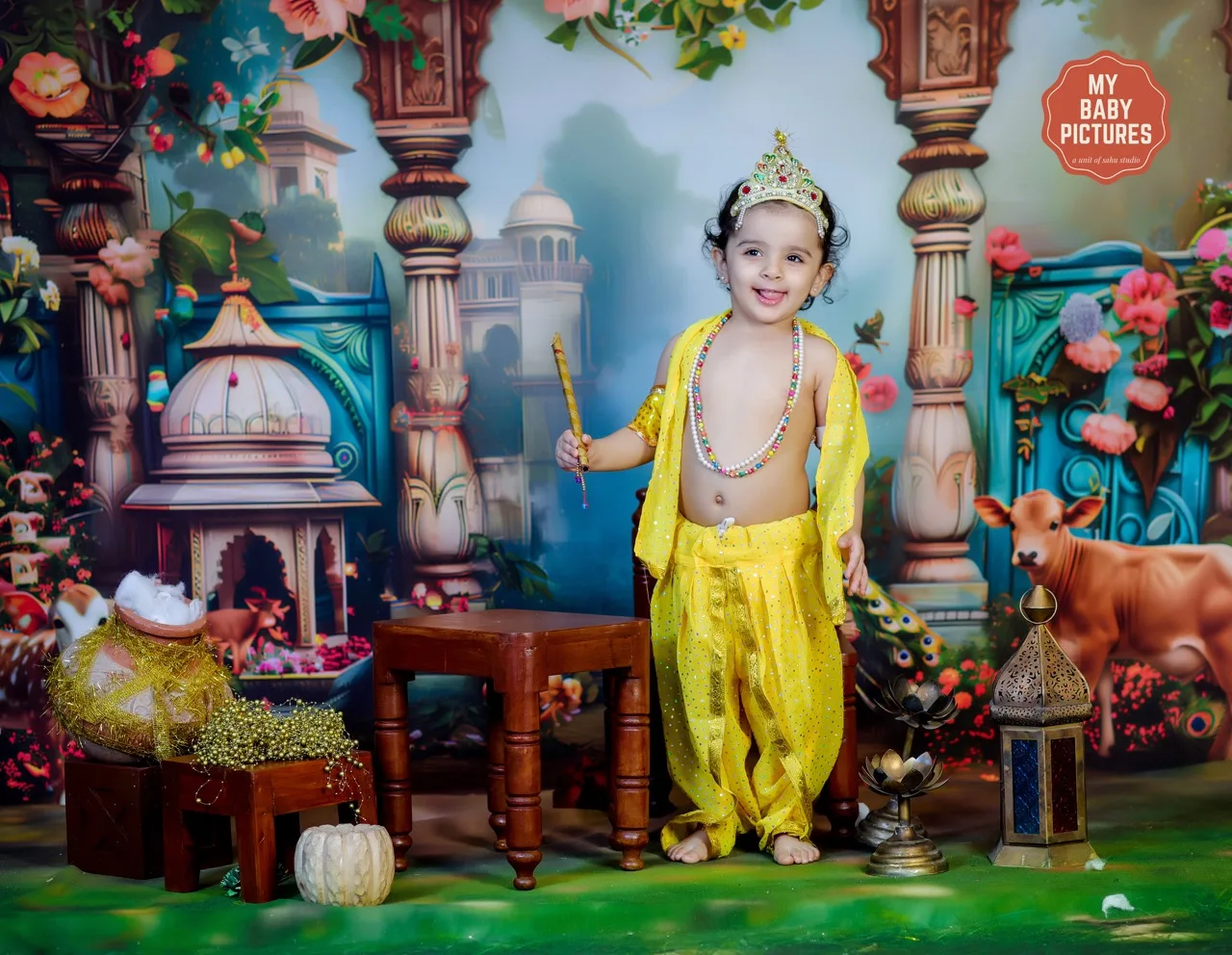 Toddler boy dressed as Krishna standing with a flute in a Gokul theme, Janmashtami Krishna theme baby photoshoot in Delhi NCR.