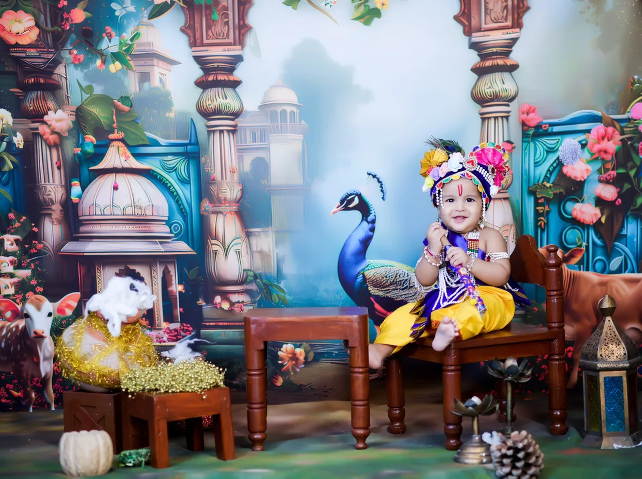Baby boy with a large colorful turban as Krishna in a Gokul photoshoot, Janmashtami Krishna theme baby photoshoot in Delhi NCR.