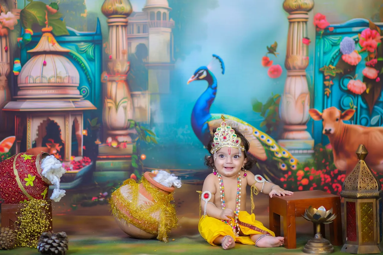 Smiling baby Krishna posing with pots of butter in a Gokul photoshoot, Janmashtami Krishna theme baby photoshoot in Delhi NCR.