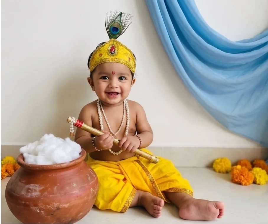 DIY Makhan Chor baby Krishna photoshoot at home with a clay matki and cotton-ball butter.