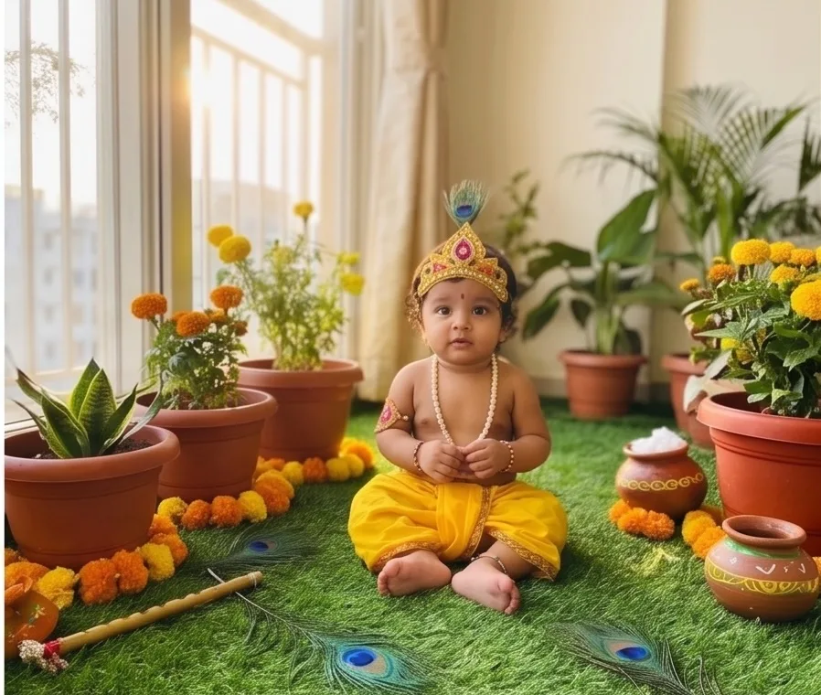 DIY Vrindavan garden theme baby Krishna photoshoot at home with marigold garlands.