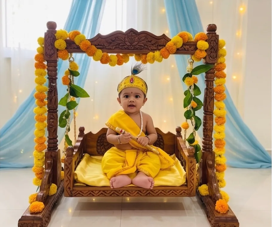 DIY Jhula swing baby Krishna photoshoot at home with a decorated hanging swing.