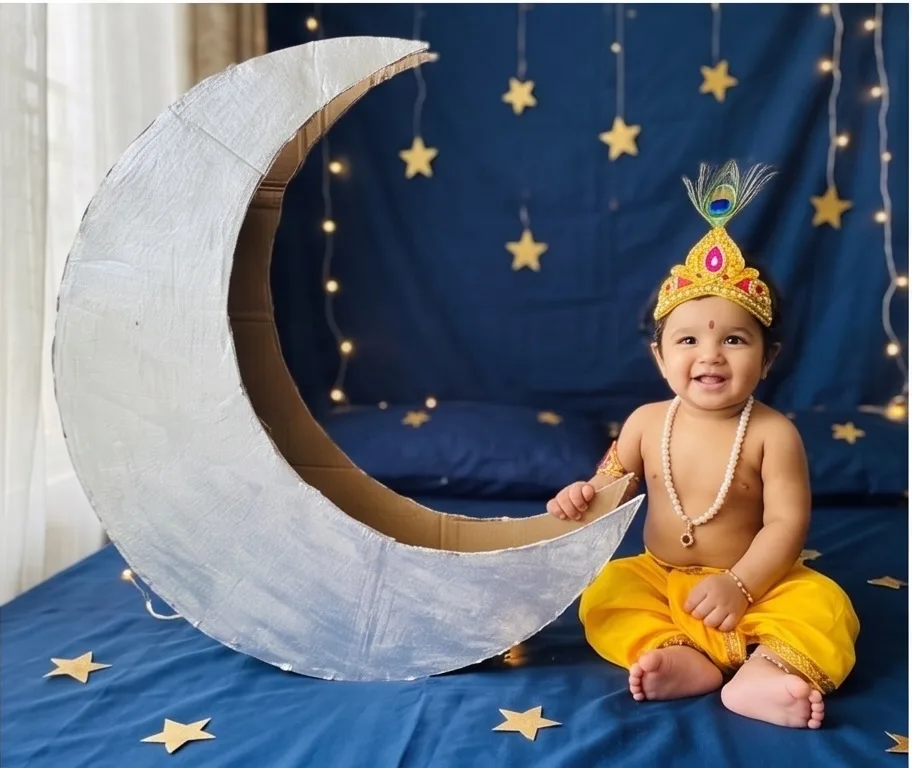 DIY moon Chanda Mama baby Krishna photoshoot at home with a cardboard moon cutout.