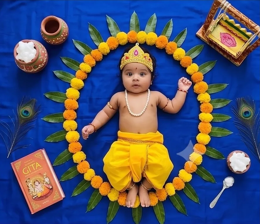 DIY Janmashtami floor setup baby Krishna photoshoot at home, top-down flat lay.