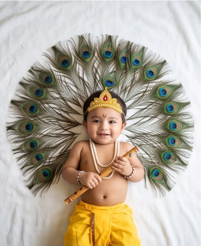 DIY peacock feather halo baby Krishna photoshoot at home on a white blanket.