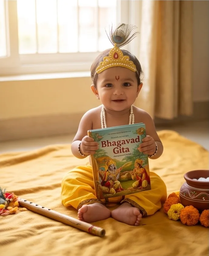 DIY Krishna story time baby photoshoot at home with a Bhagavad Gita and tulsi mala.