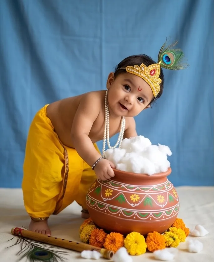 DIY butter pot adventure baby Krishna photoshoot at home, baby peeking into a matki.