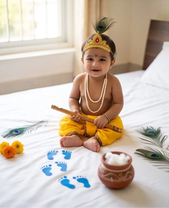 DIY Krishna footprints baby photoshoot at home with baby-safe washable paint.