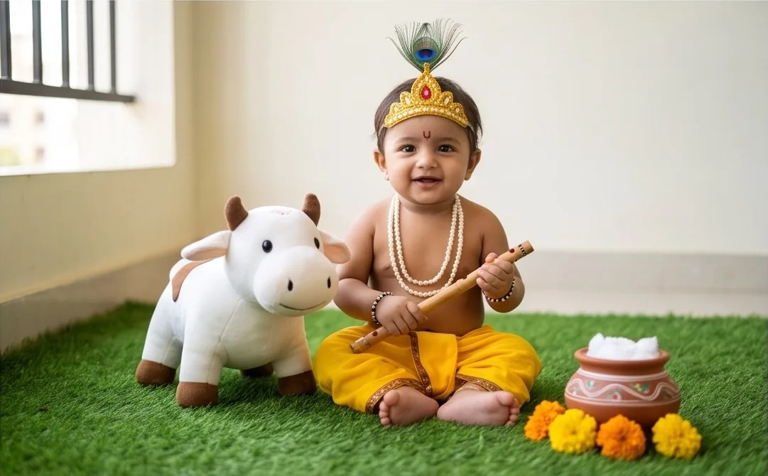 DIY little cow friend baby Krishna photoshoot at home inspired by Vrindavan.
