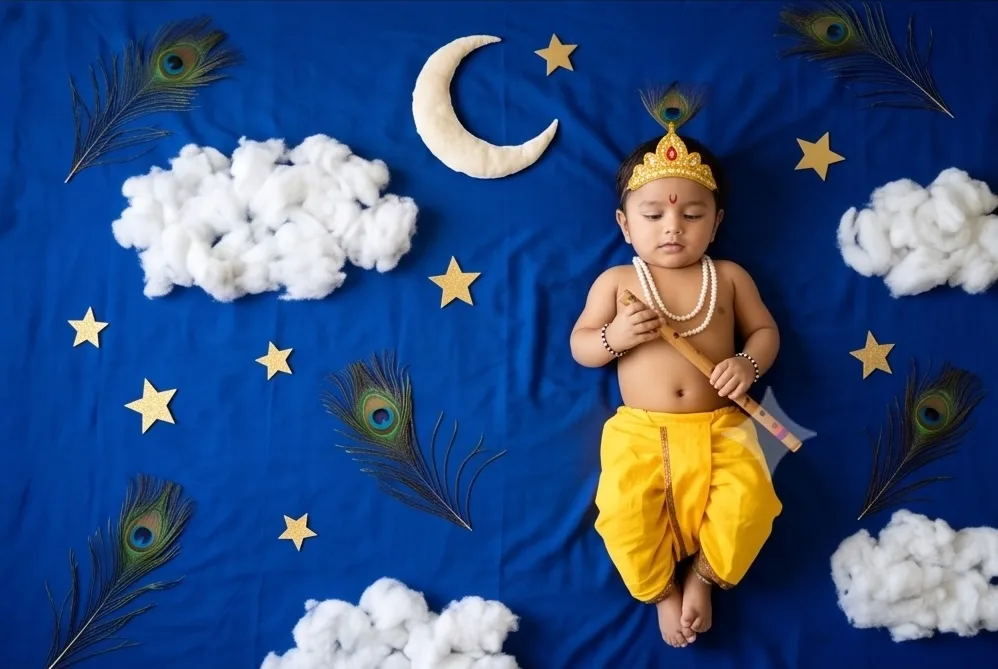 DIY floating clouds baby Krishna photoshoot at home with cotton clouds and stars.