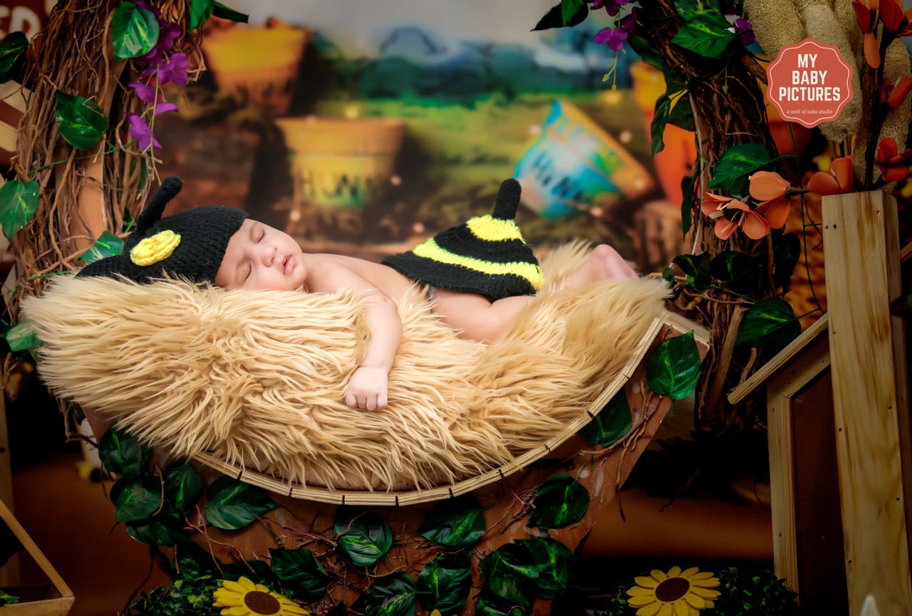 Sleeping newborn in bee costume on a themed setup